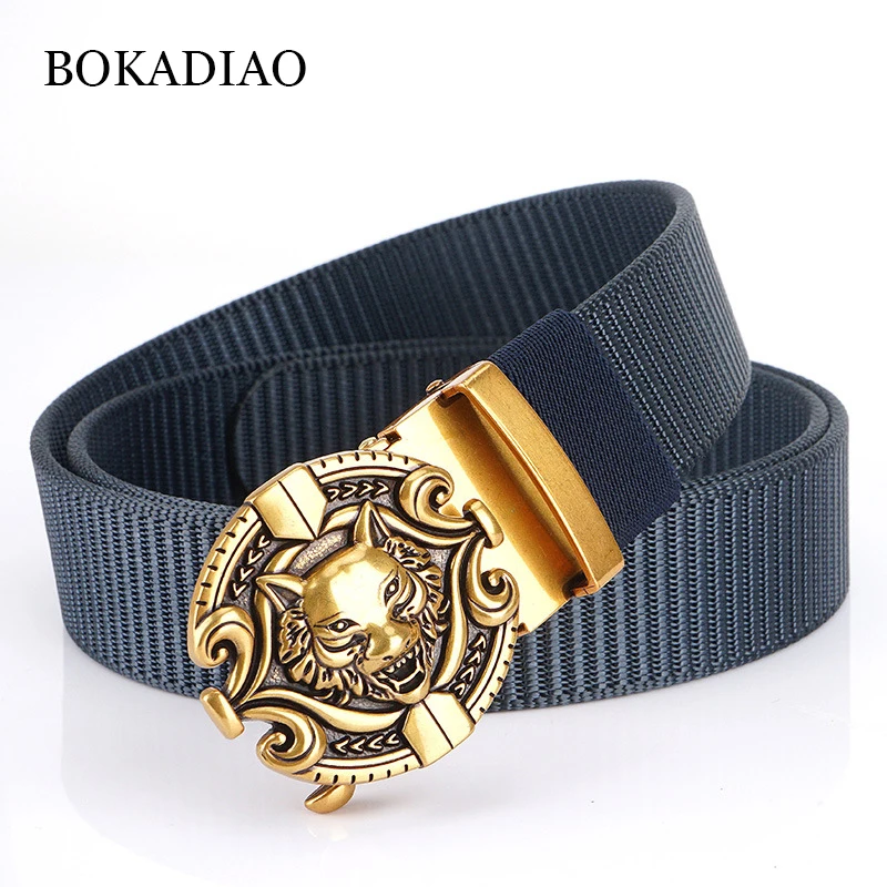 

BOKADIAO Man's Nylon Belt Luxury Gold Wolfs Metal Automatic Buckle Canvas Belts for Men Fashion Jeans Waistband Black Male Strap