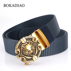 BOKADIAO Man's Nylon Belt Luxury Gold Wolfs Metal Automatic Buckle Canvas Belts for Men Fashion Jeans Waistband Black Male Strap