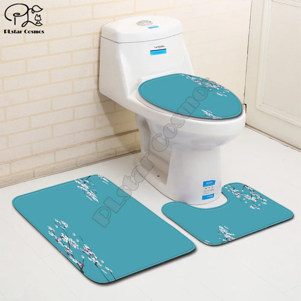 

Plum blossom pattern 3D printed Bathroom Pedestal Rug Lid Toilet Cover Bath Mat Set drop shipping style-3