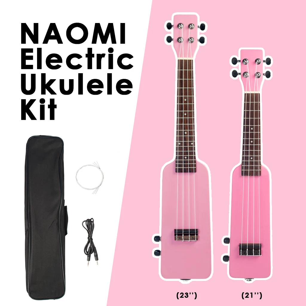 NAOMI – ensemble Ukulele okoumé en bois massif, 21/23 pouces, Soprano/Concert, Uke électrique avec cordes, câble Audio, sac