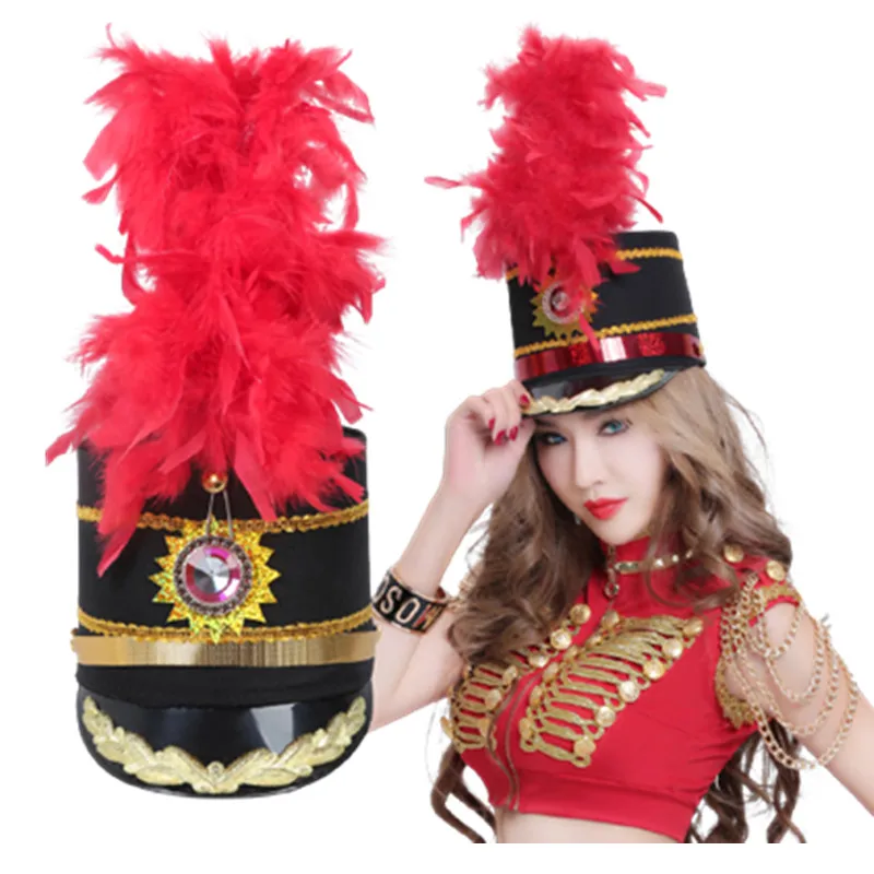 Honor Guard 어린이를위한 탑 모자 성인 붉은 깃털 모자 패션 학교 공연 액세서리 음악 팀 파티 가수 착용