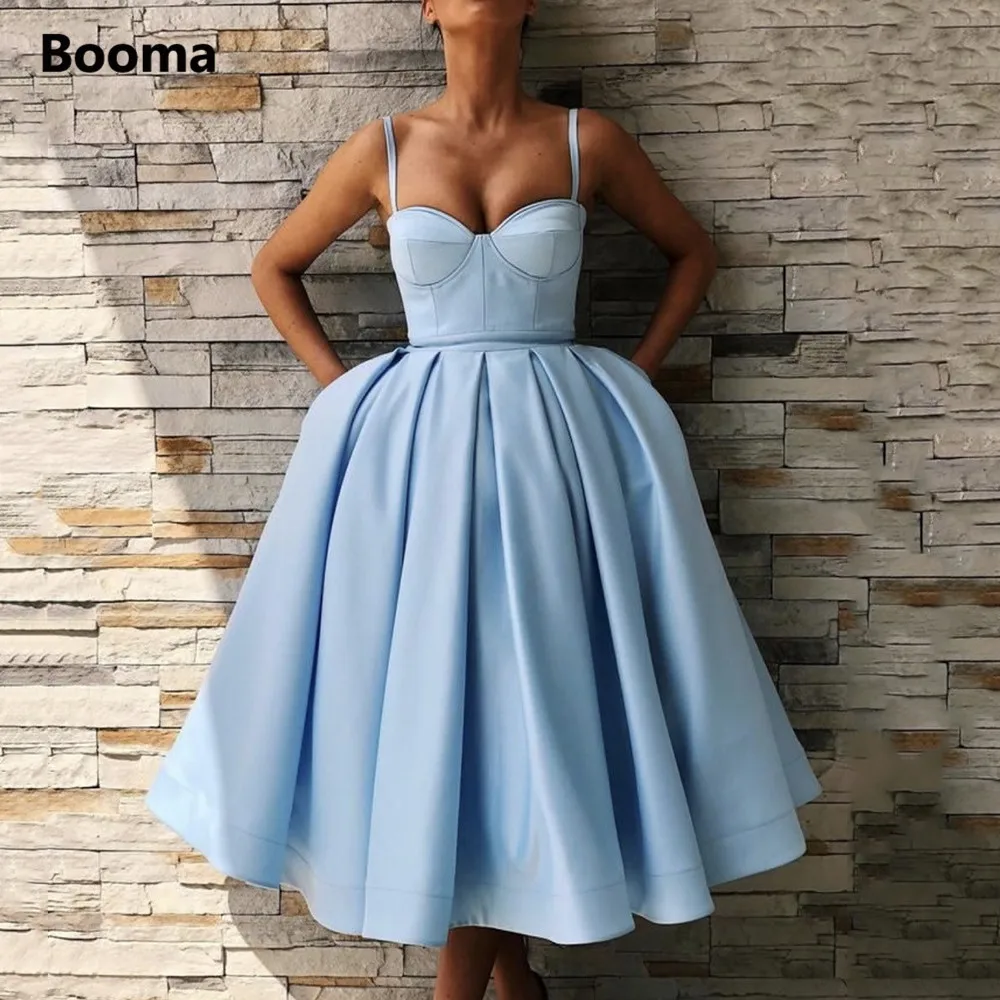 Elegant Blue Korte Homecoming Jurken Sweetheart Spaghettibandjes Satin Party Jurken Knielange Geplooide A-lijn Prom Dresses