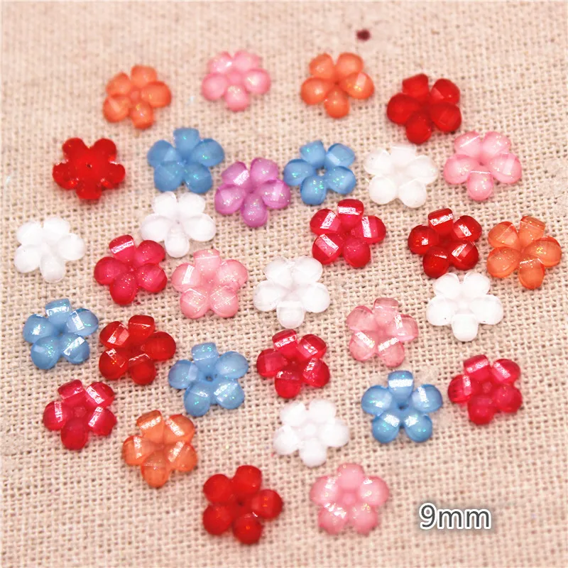 100pcs 9mm Mix Colors Resin Glitter Five-petal Little Flower Flatback Cabochon DIY Craft/Nail Tip Decoration