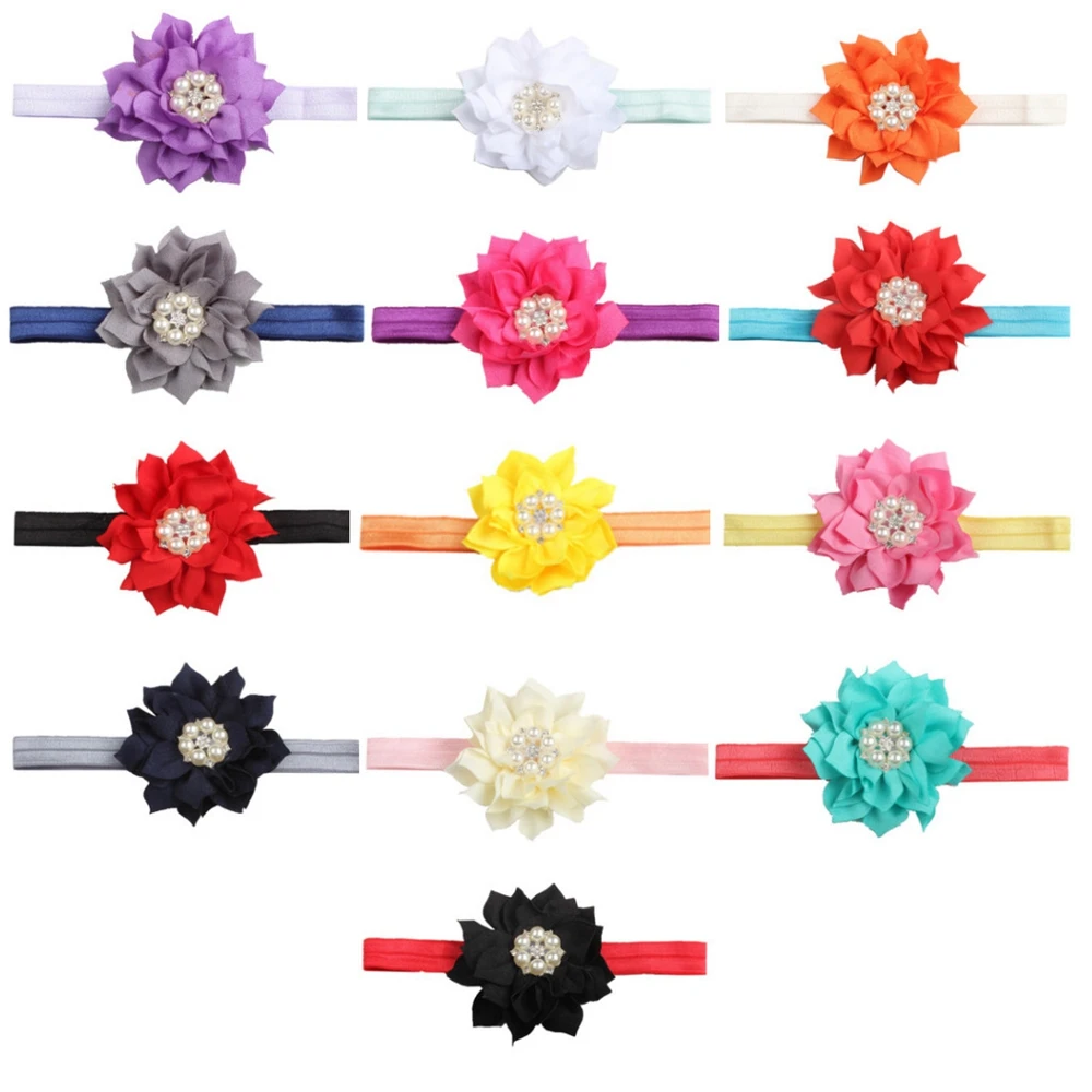 Infant Shining Pearls Rhinestone Flower Elastic Hairband Fashion Handmade Lotus Baby Headband Princess Headwear Birthday Gifts