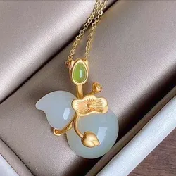 New silver inlaid natural Hetian jade necklace Chinese style retro lotus leaf gourd Pendant Light luxury charm women's jewelry