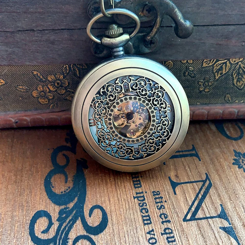 0 Bronze creative dense flower white digital face open cover mechanical pocket watch men's and women's accessories with necklace