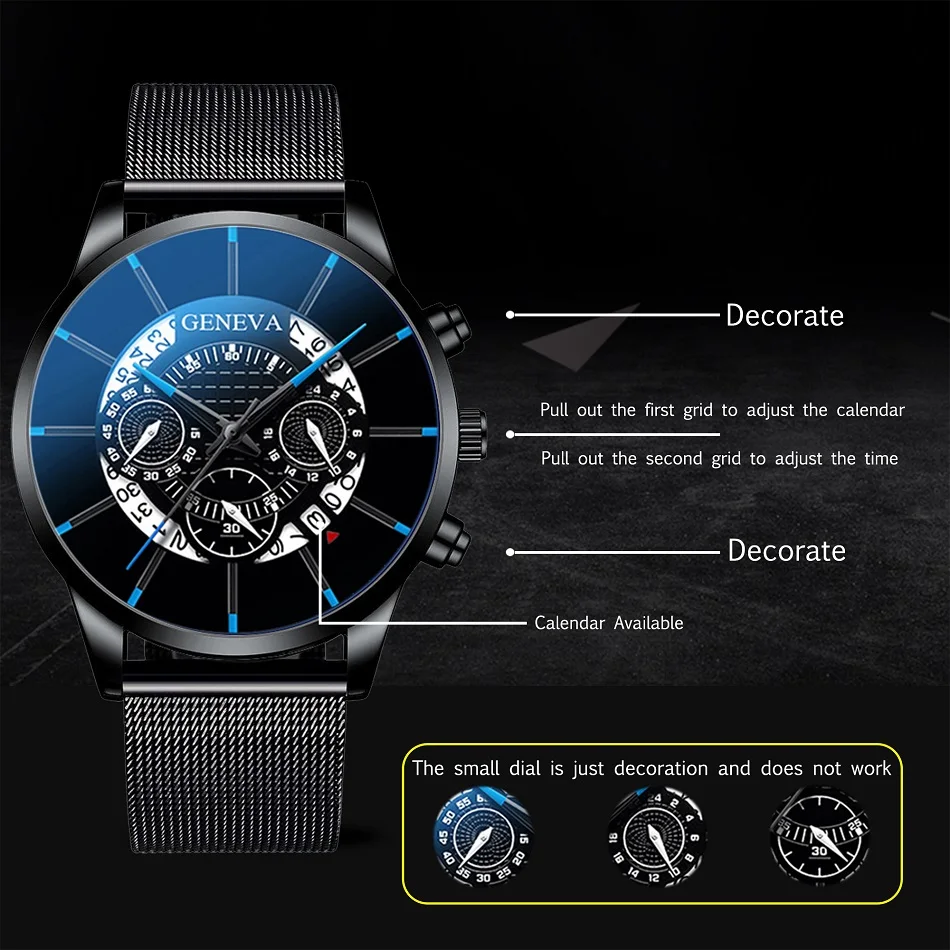 reloj hombre Mens Fashion Business Calendar Watches Blue Stainless Steel Mesh Belt Analog Quartz Wrist Watch relogio masculino