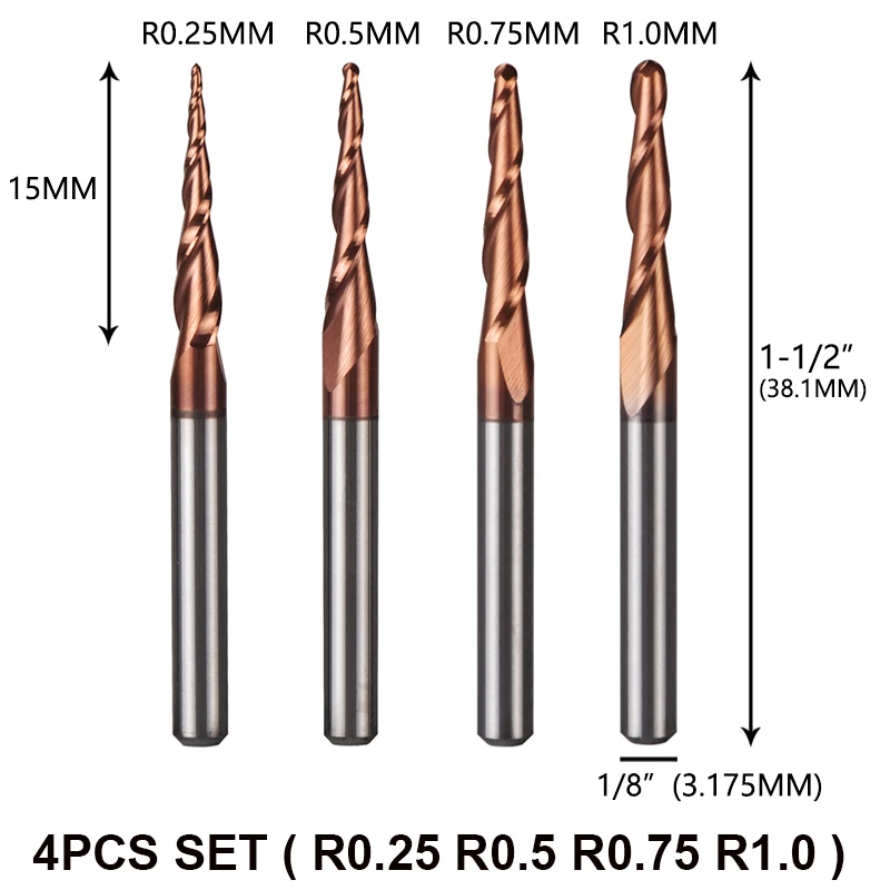 4pcs/Lot Tungsten Solid Carbide Inch Size 3.175mm Ball Nose Tapered End Mill Router Bits CNC Taper Wood Metal Milling Cutter