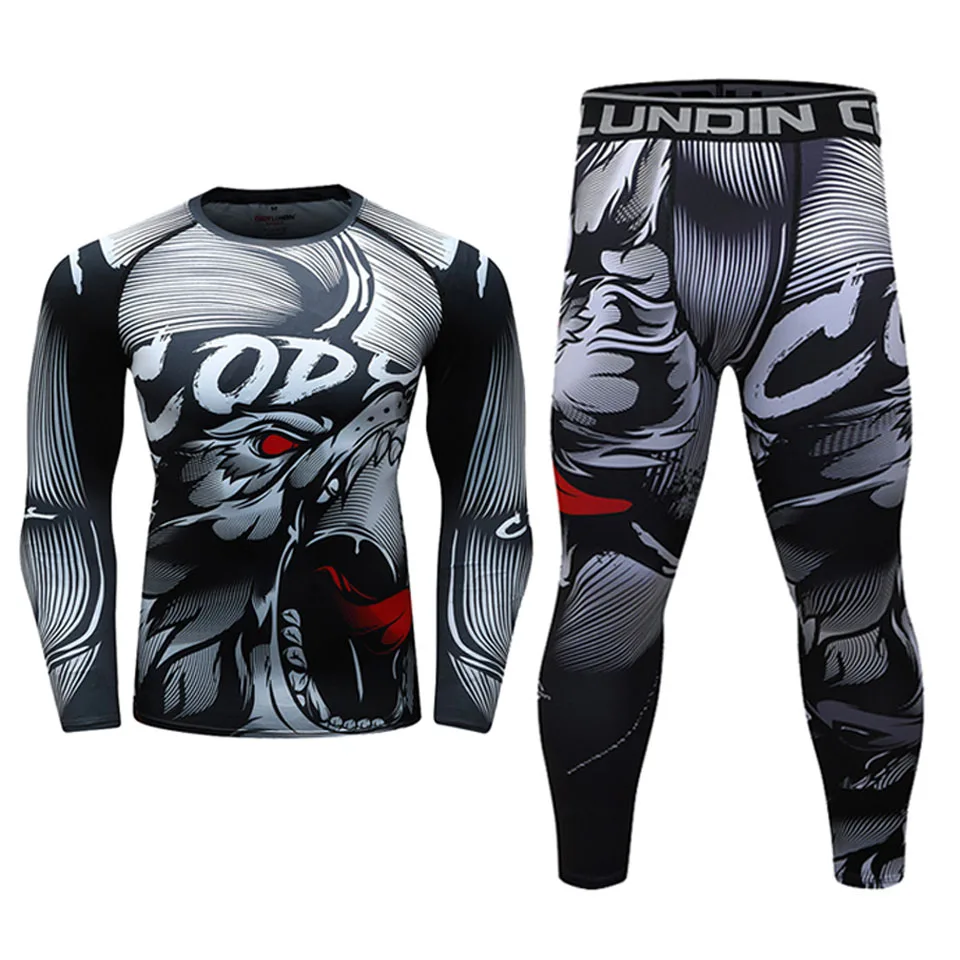 Men Compression running T-Shirt+Pants MMA Work Out Rashguard T Shirt Exercise Fitness Tights Cross fit Rash Guard bjj Jersey