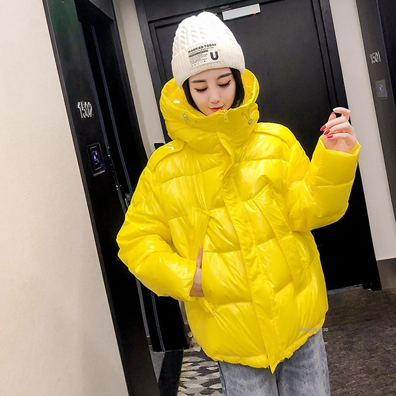 2022 Glossy Yellow/white/black/orange Women Winter Jacket Streetwear Hooded Parkas Female  Thick Warm Down Cotton Coat