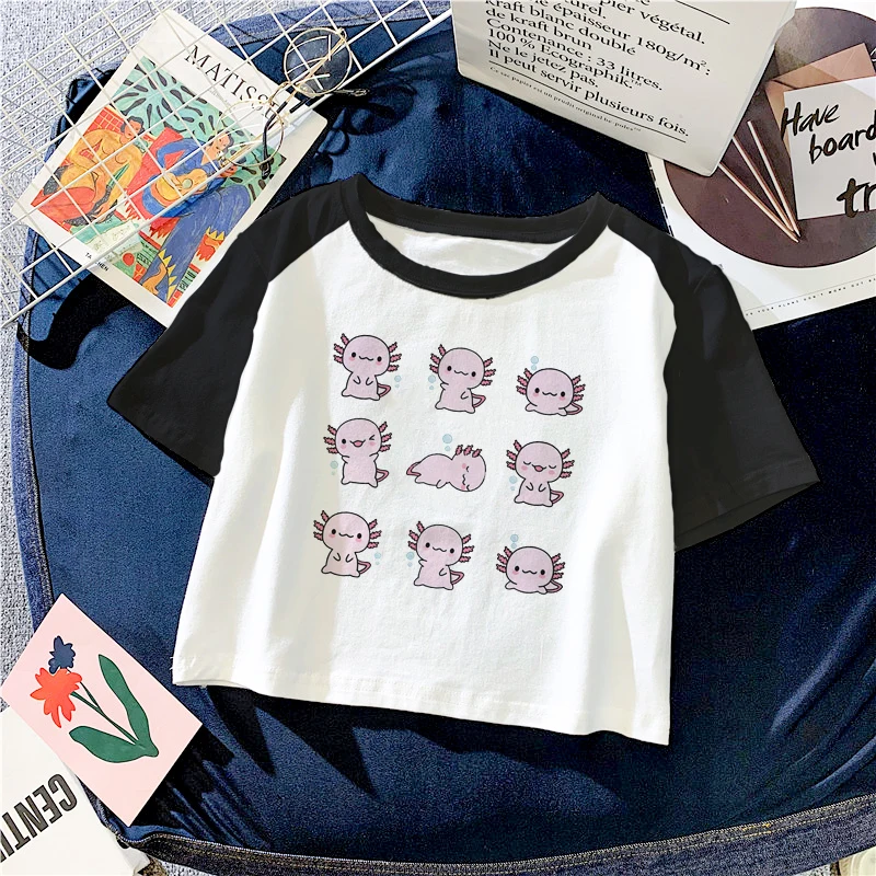 Kawaii Cartoon Axolotl T Shirt Women Summer Crop Tops O Neck Anime Graphic Tees Hip Hop Cute Harajuku Aesthetic Tshirt Female