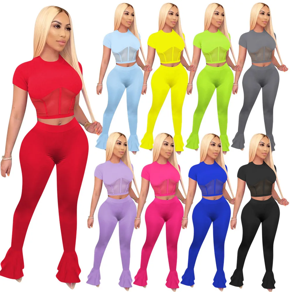 Sexy Two Piece Set Women Clothes Mesh Sheer Splice Crop Top and Flare Pants Suit Rave Festival 2 Pcs Club Outfits Matching Sets