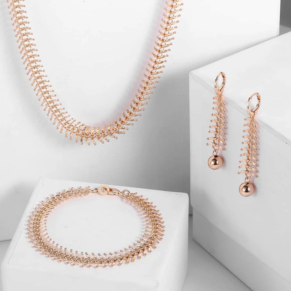 

Davieslee Centipede Link Chain Jewelry Set For Women 585 Rose Gold Color Necklace Bracelet Earrings Woman Dropshipping LCSM01