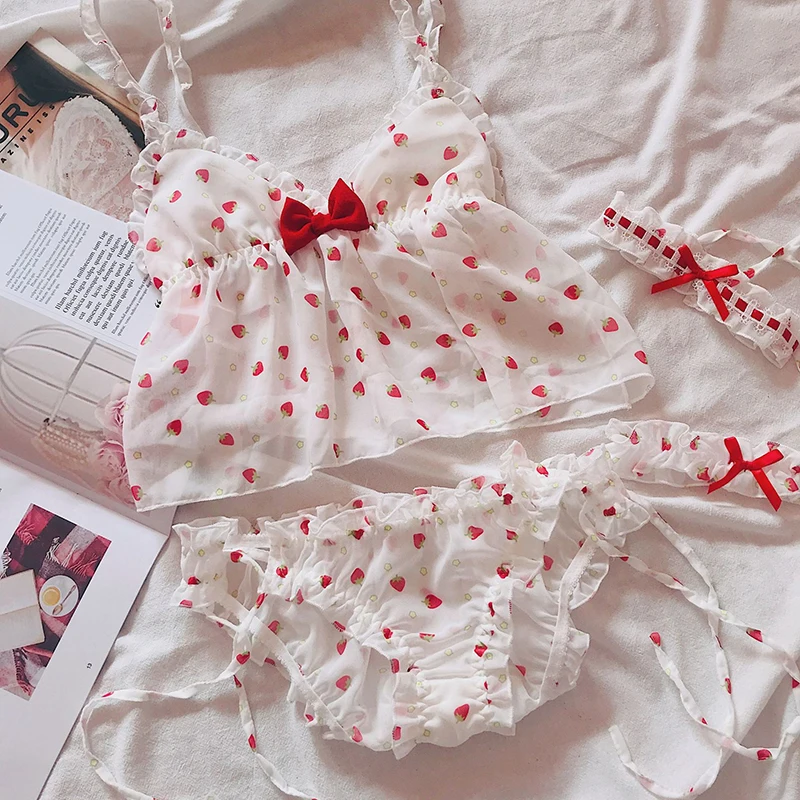 Women Pajamas Set Sexy Lingerie Lace Cut Night Ladies Sleeveless Night Sleepwear Nightwear Strawberry Print Pajamas for Women