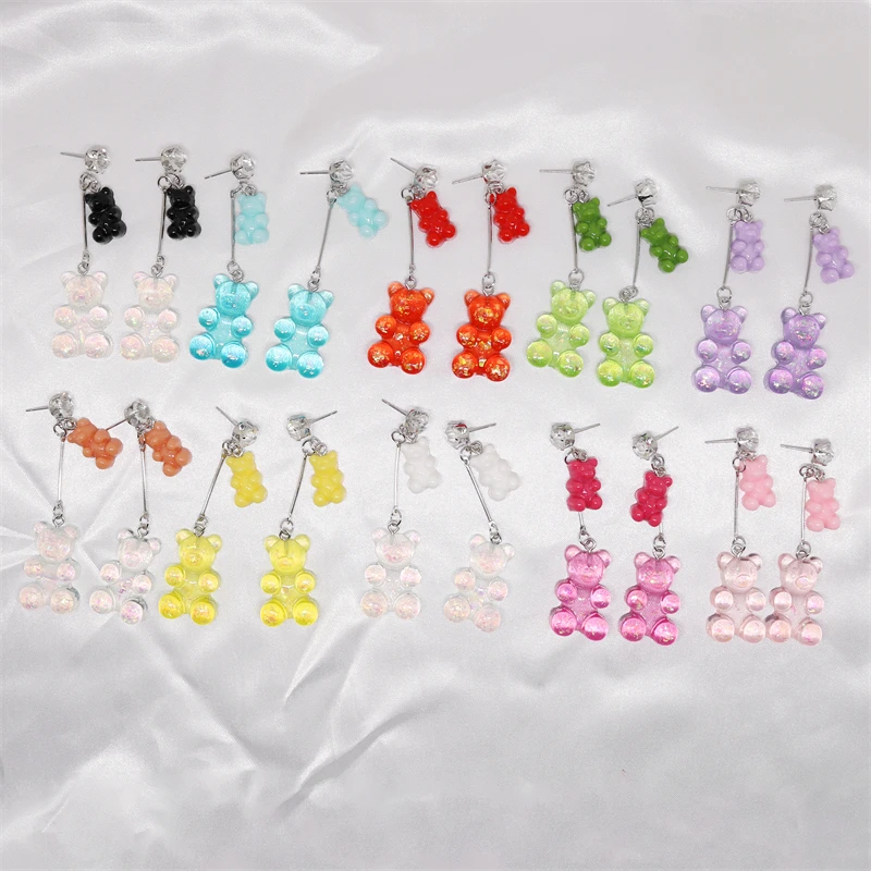 New Fashion Sequins Resin Gummy Big Bear Long Dangle Earrings Women Girl DIY Cartoon Animal Bear Earrings Creative Drop Jewelry