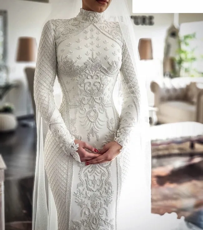 Vestido de novia musulmán de lujo, traje de novia árabe de manga larga con encaje de sirena, Dubai, 2020