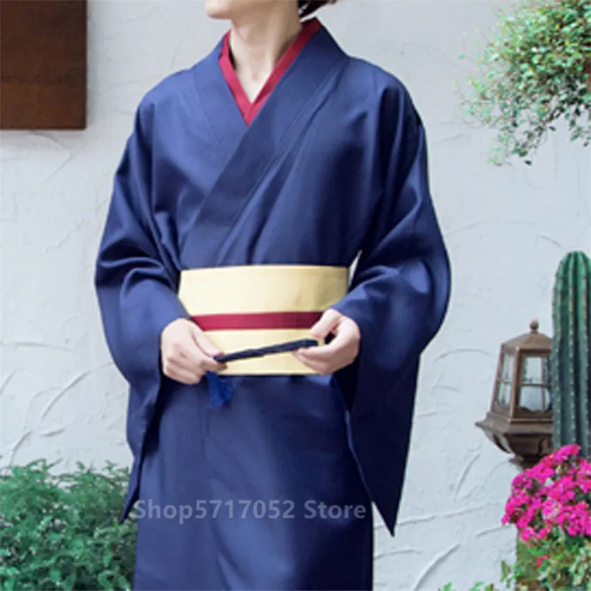 Samurai Japanese Men Kimono Oriental Jinbei Haori Luxury Retro Dress Yukata Navy Belt Long Sleeve Robe Traditional Japan Clothes