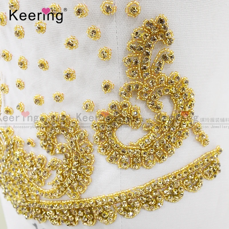 Keering-3D Gold Rhinestone Beads for Party Dress, Crystal Applique, Sexy, WDP-268