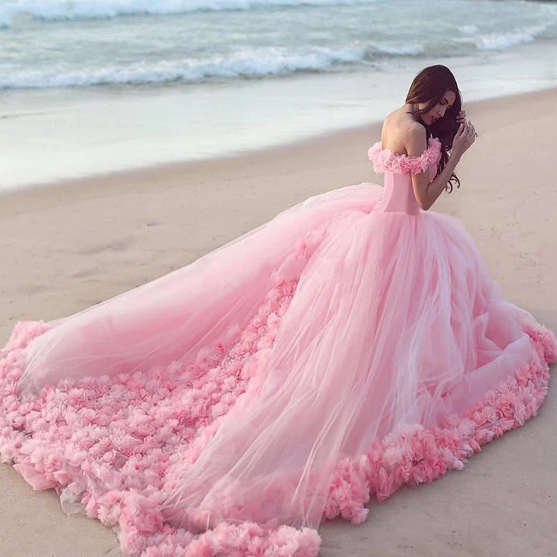 2020 Roze Quinceanera Jurken Prinses Cinderella Met 3D Bloem Uit De Schouder Elegant Tulle Party Gown Sweet 16 Jurk QE12