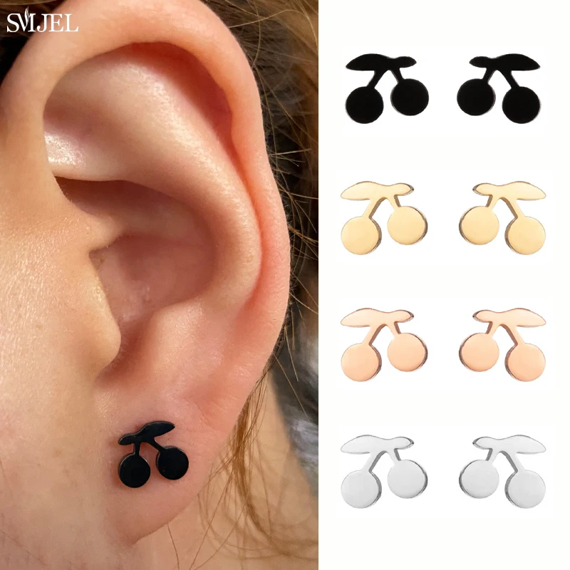 

Small Stainless Steel Cherry Earrings for Girls Korean Style Cute Fruit Black Stud Earrings Party Jewelry Accessories Wholesale