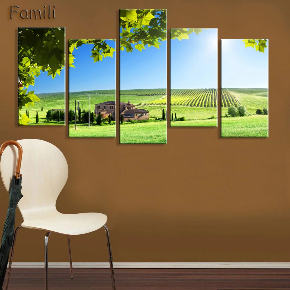 

5 panel canvas art landscape canvas painting barn rocky mountains paintings Free shipping,christmas decorations for home