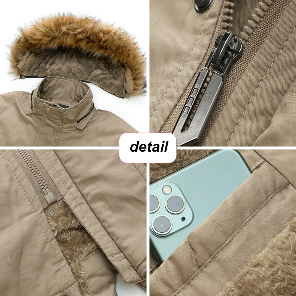 Manteaux d'hiver en polaire et coton pour hommes, parka à capuche, col en fourrure détachable, vêtements chauds et décontractés pour l'extérieur