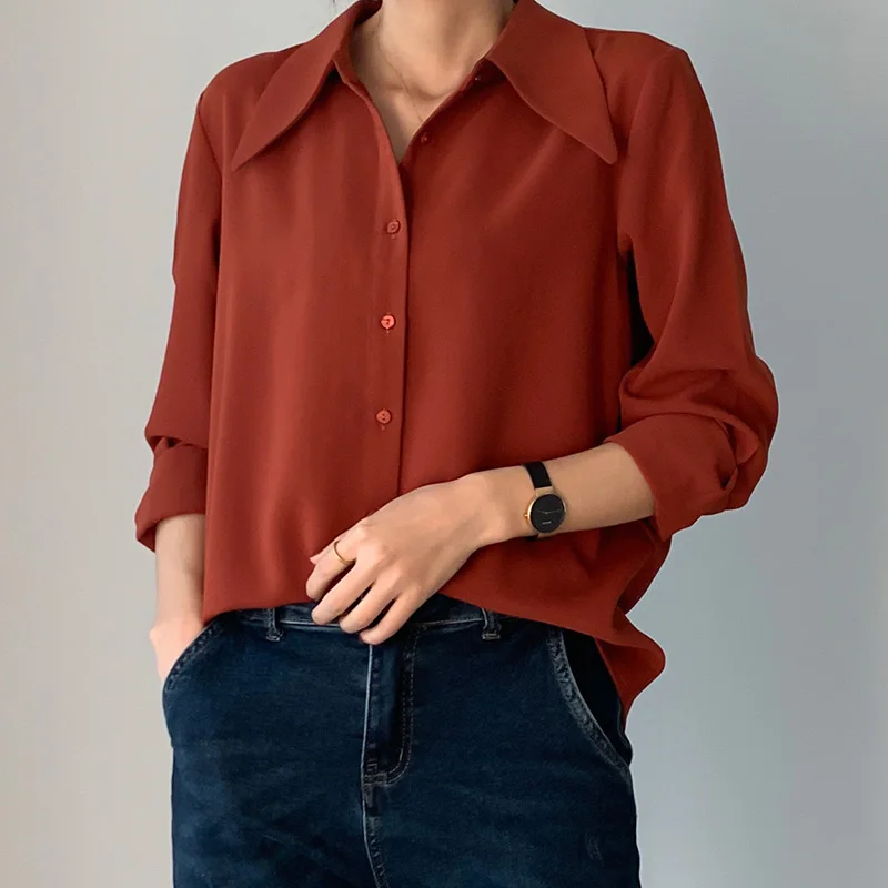 

2024 Autumn Women Vintage Pointed Collar Thickened Chiffon Blouse Korean Fashion Shirts Long Sleeve Tops Shirt Clothes Workwear
