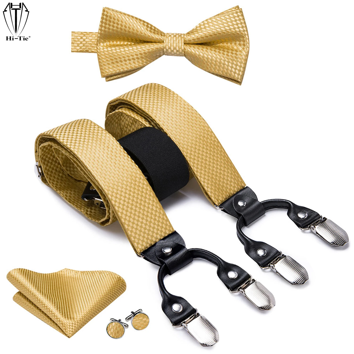 Oi-tie suspensórios masculinos de seda conjunto ouro liso jacquard 6 clipes masculino cintas bowtie hanky abotoaduras de couro preto y voltar correias presente