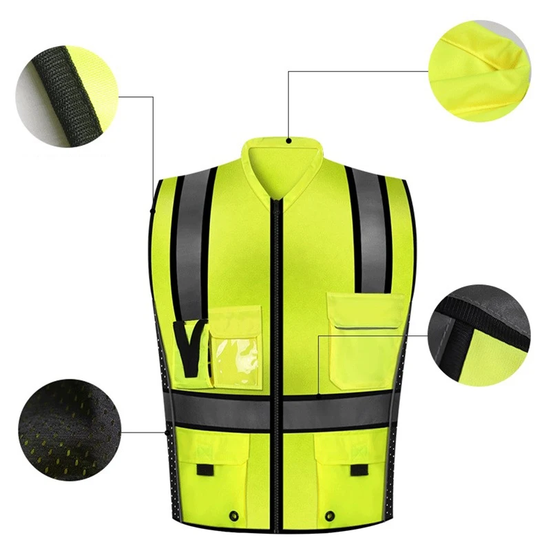 High Visibility Reflective Vest Sleeveless Jacket Men Hi Vis Workwear Uniform Safe Protective Gear Fluorescent Yellow Tank Tops