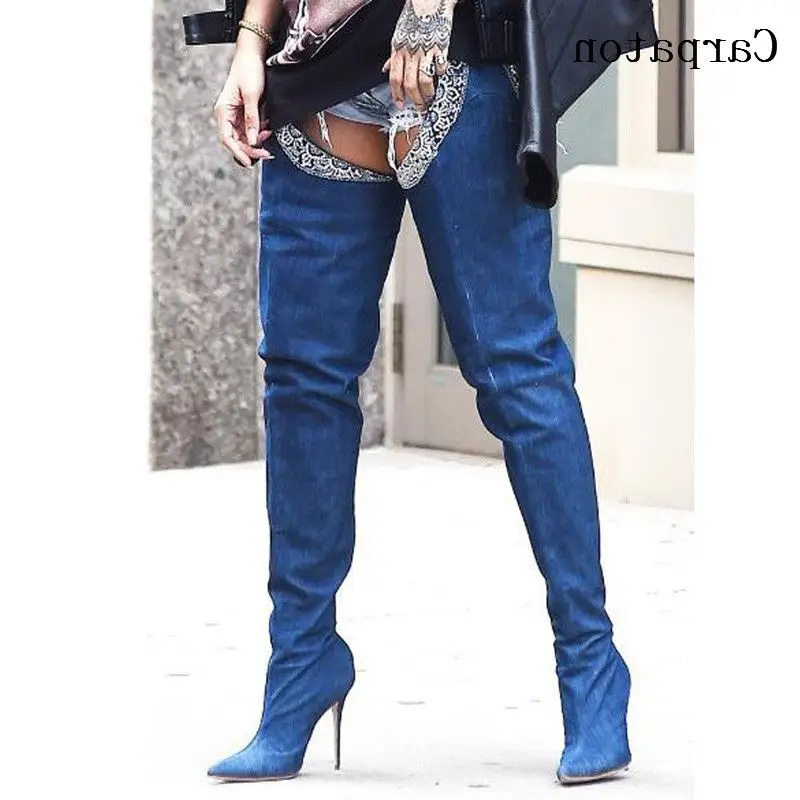 Trousers Sexy Blue Denim Boots Pointed Toe High Heels Shoes Woman Over The Knee High Fashion Women Party Dress Shoes