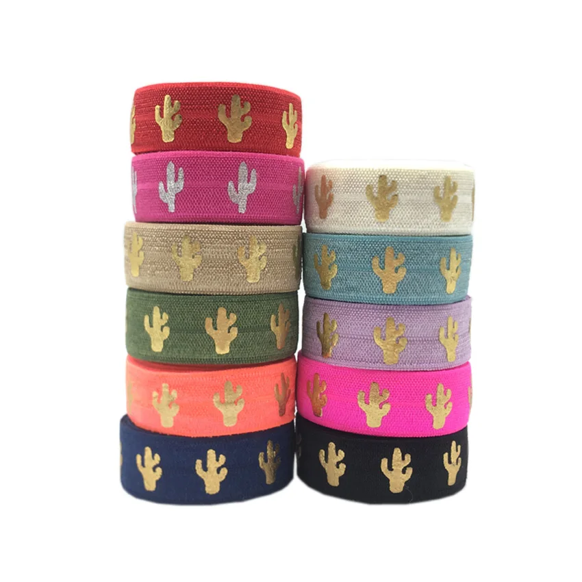 5yards/Lot 5/8'' 15mm Gold Foil Cactus FOE Fold Over Elastic For DIY Hair Ties Strap Accessaries