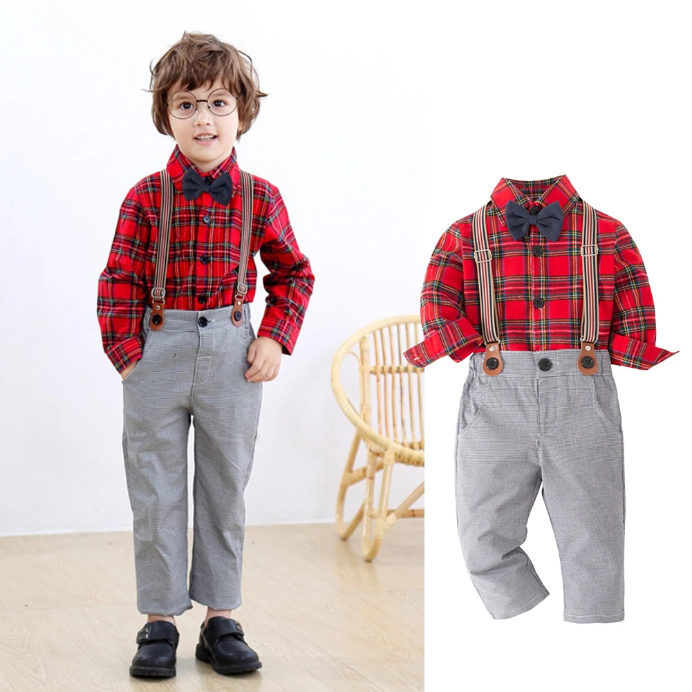 Toddler Baby Boys Gentleman Clothes Set Spring Autumn Long Sleeve Shirt Suspender Pants Kids Casual Wear 1-6 Years