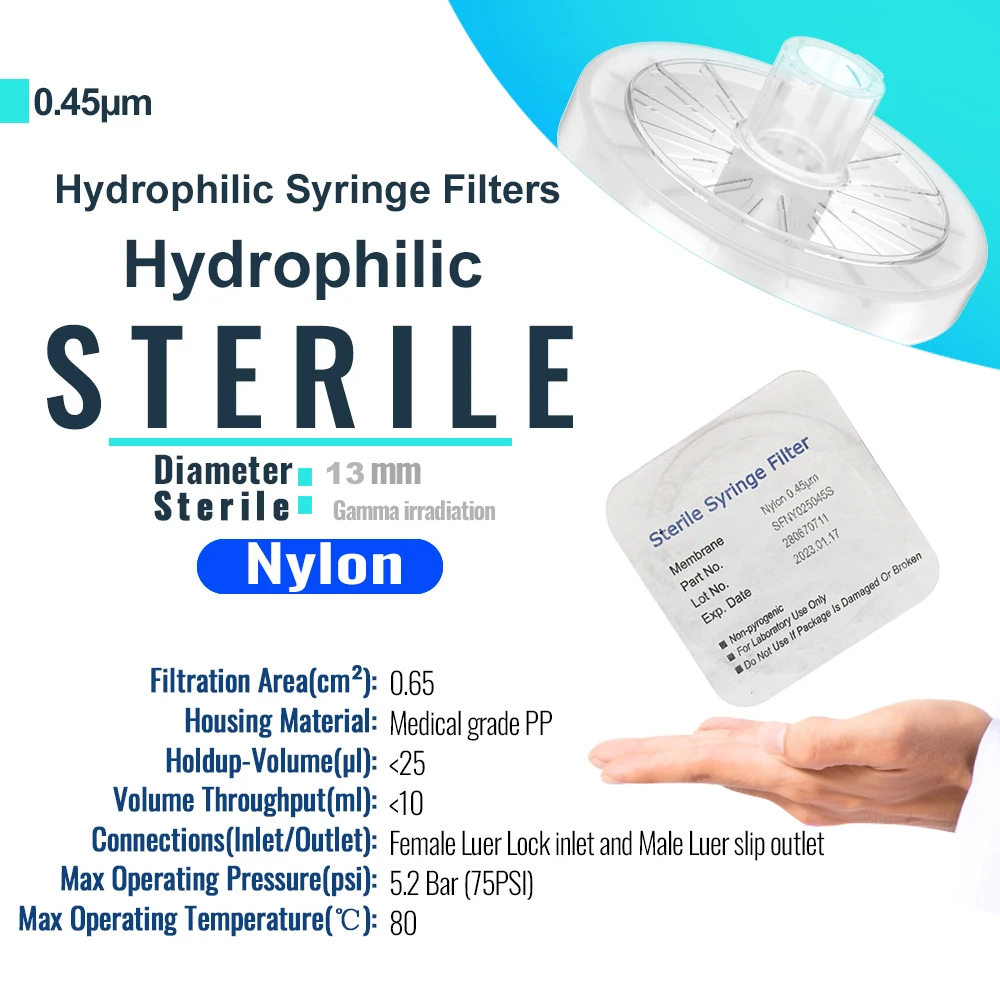 Sterile Syringe Filters,Nylon Membrane 0.45um Pore Size,13mm Diameter,10/25/50/100 Pcs Individually Packed by Ks-Tek