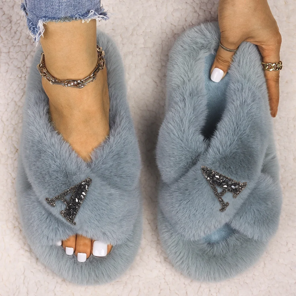 Fluffy Slippers Luxury Rhinestone Letter Decor Faux Fur Slides Designer Flat Sandals Flip Flop Slippers Female Furry Shoes 2021