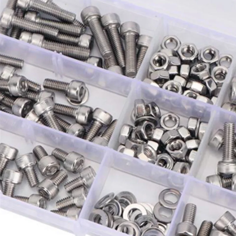 320 pcs/box 304 stainless steel cylindrical head hexagon screw + nut + flat washer Assortment Tool  Kit Box M2 series