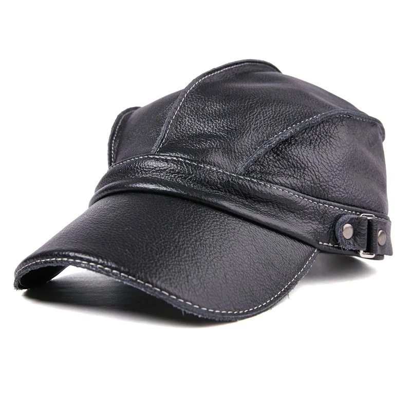 Fashion Unisex High Quality Real Leather Baseball Caps Sailor Hats Women Men Black Brown Flat Top Captain Cap Travel Cadet Hat