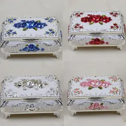 2023 Vintage Enameled Rectangular Decorative Collectible Jewelry Trinket Box for Women White with Red Rose Flower