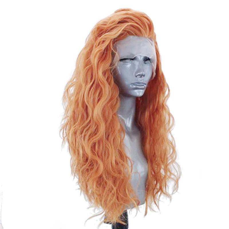 Charisma Long Curly Wig Peach Color Synthetic Lace Front Wigs Side Part Cosplay Wig Natural Hairline Lace Wig For Women