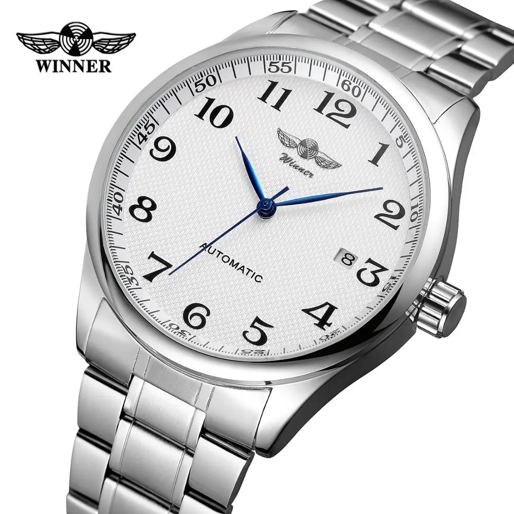 WINNER reloj mecánico automático para hombre y mujer, correa de acero inoxidable, esfera blanca, moda