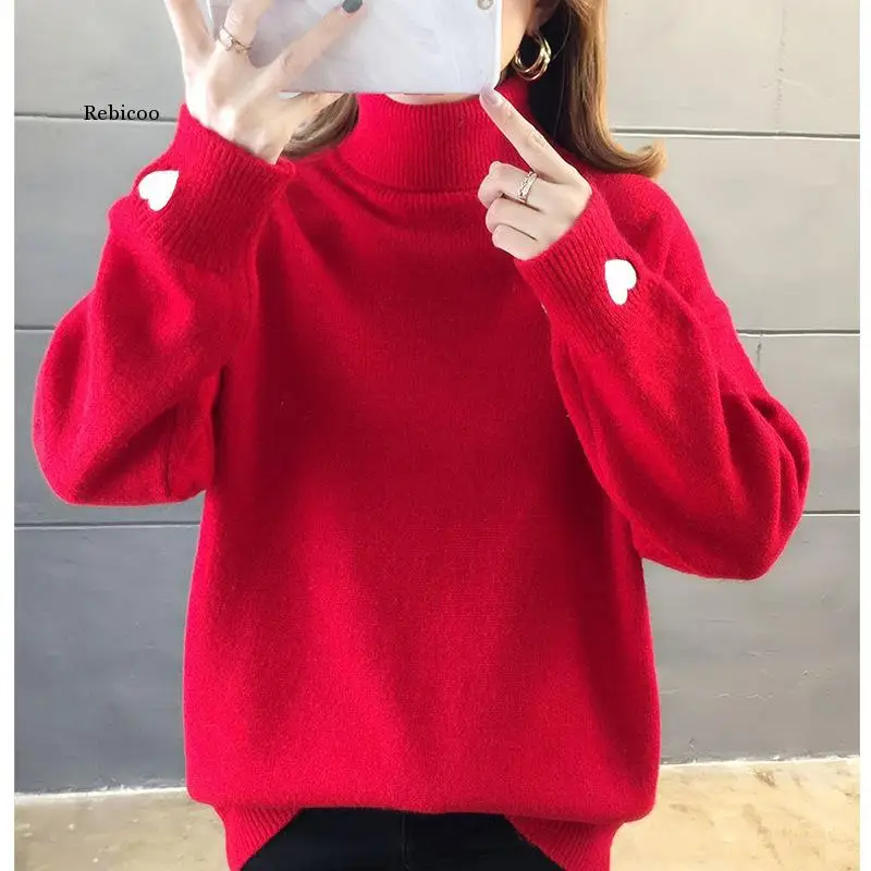 Autumn Winter Korean Fashion Pink Pull Femme Print Heart Autumn Winter Clothes Embroidery Turtlenec Knitted Sweater Pullover