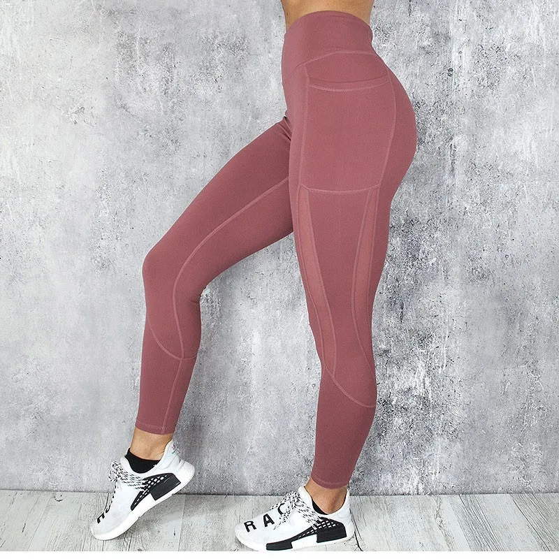 Fashion Women Side Pocket Design Net Gauze Splice Running Yoga Pants GYM High Waist Stretchy Fitness Leggings