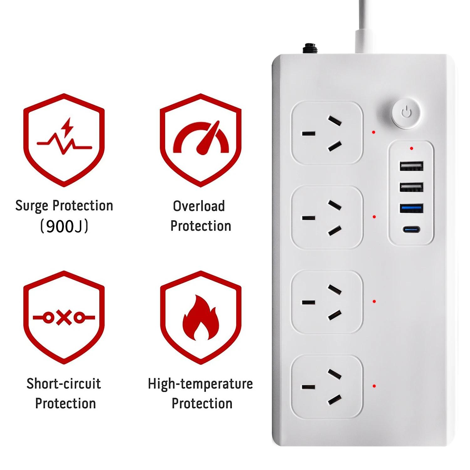 UseeLink Australia PD Power Strip 10A 1Type-C 1USB Fast Charge 2USB General Charge Overload Protection PC Material White