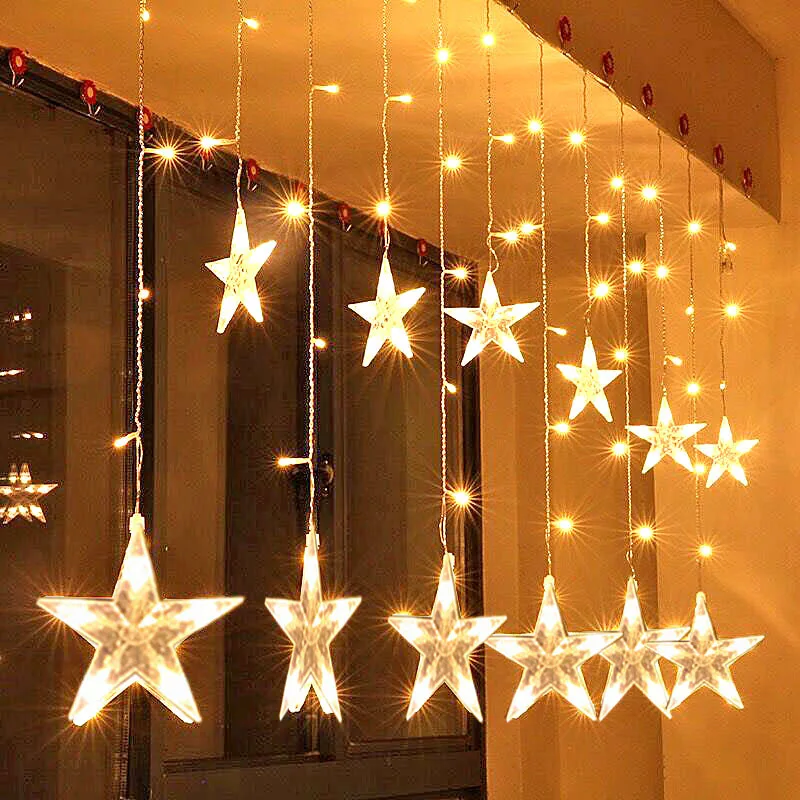 LED Star Moon Curtain Light EU US Plug Christmas Garland String Fairy Lights Outdoor For Home Wedding Party New Year Decor Lamp