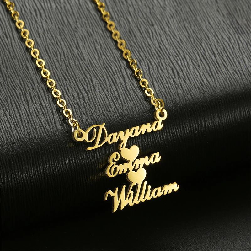 Kcaco Double Name Heart Necklace Custom Letters Pendant Choker Romantic Stainless Steel Gold Color Nameplate Family Gifts