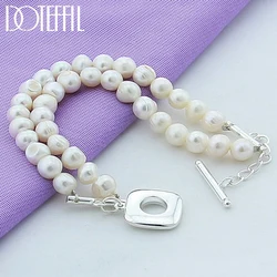 DOTEFFIL Natural Freshwater Pearl Double Chian 925 Sterling Silver Bracelet For Women Wedding Engagement Party Jewelry