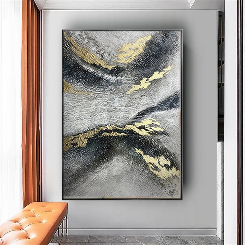 

Hand painted abstract oil painting black and gold texture wall art modern canvas painting For Living Room Home Decoration gift