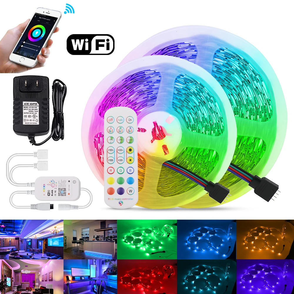 

Цветная (RGB) Светодиодные ленты светильник с Wi-Fi, музыка Управление 12V 2835 SMD гибкая лента 5 м 10 м 15 м Водонепроницаемый веревка светильник ТВ Backliht компьютер