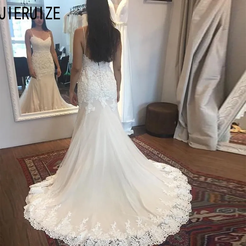 JIERUIZE Gaun Pengantin Panjang Putri Duyung Tali Spaghetti Punggung Terbuka Tanpa Lengan Renda Applique Gaun Pengantin Pernikahan Vestidos De Noiva