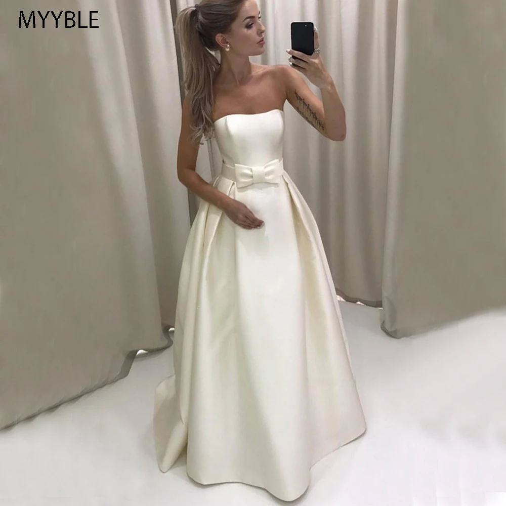 Customized Charming White Stain Long Wedding Gown Strapless With Bow Maid Of Honor Dress Custom Made Cheap