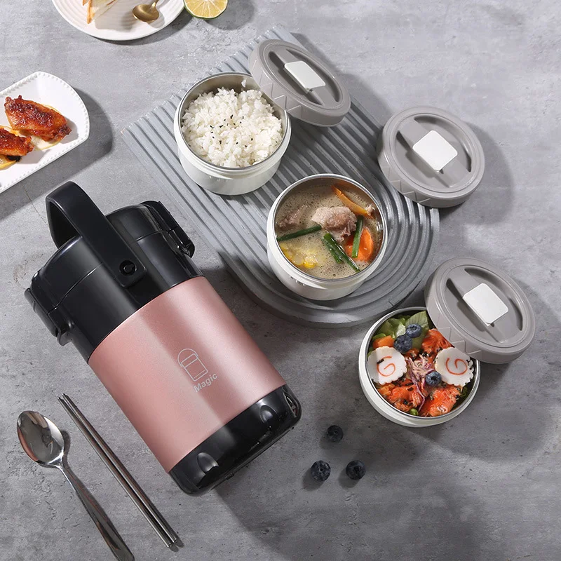 304 Stainless Steel Thermos Lunch Box Round Leak-Proof Multilayer Sealed Insulated Food Storage Container Work School Bento Box